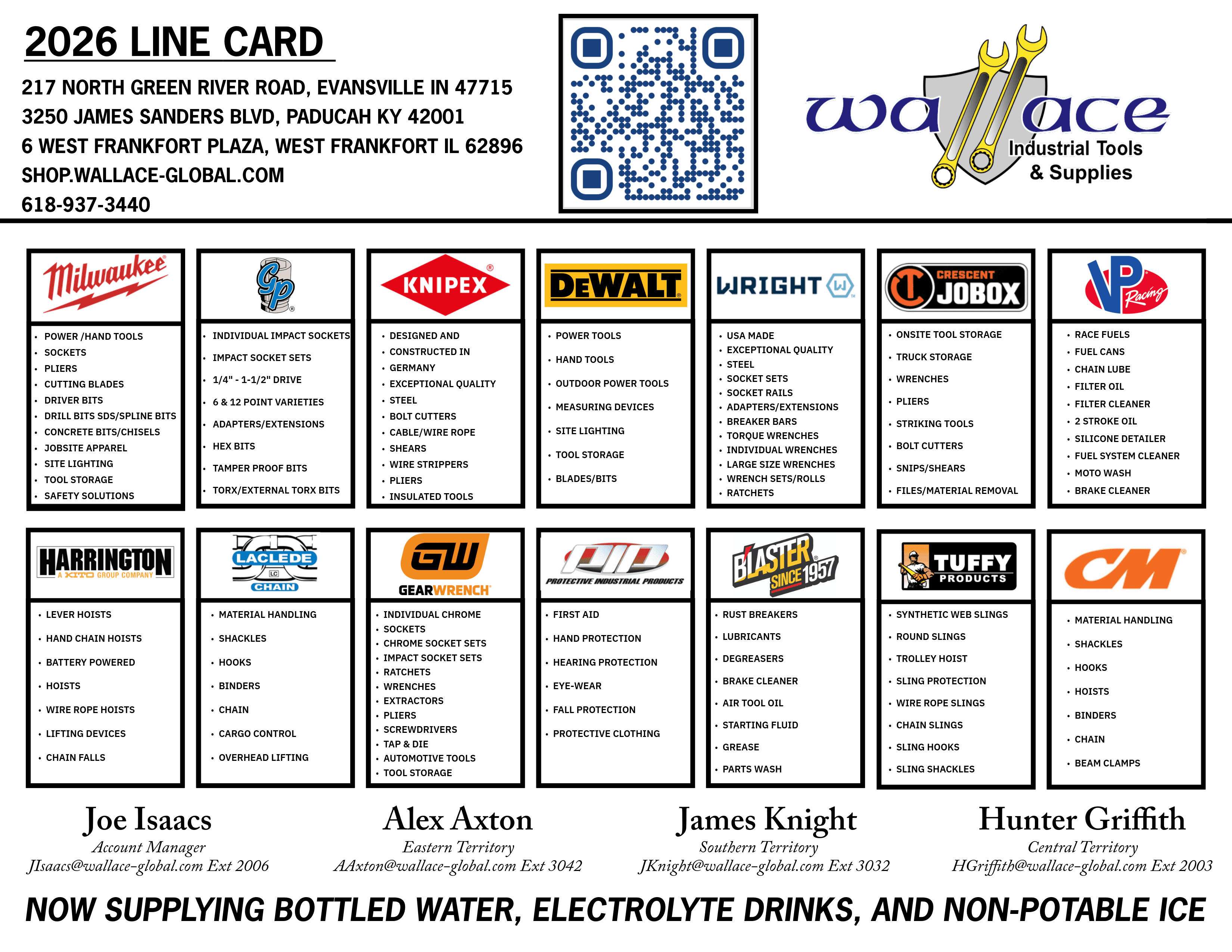 Wallace Industrial 2026 line card, page 1 — Milwaukee, Grey Pneumatic, Knipex, DeWalt, Wright, Crescent Jobox, VP Racing, Harrington, Laclede Chain, GearWrench, PIP, Blaster, Tuffy Products, and CM product lines