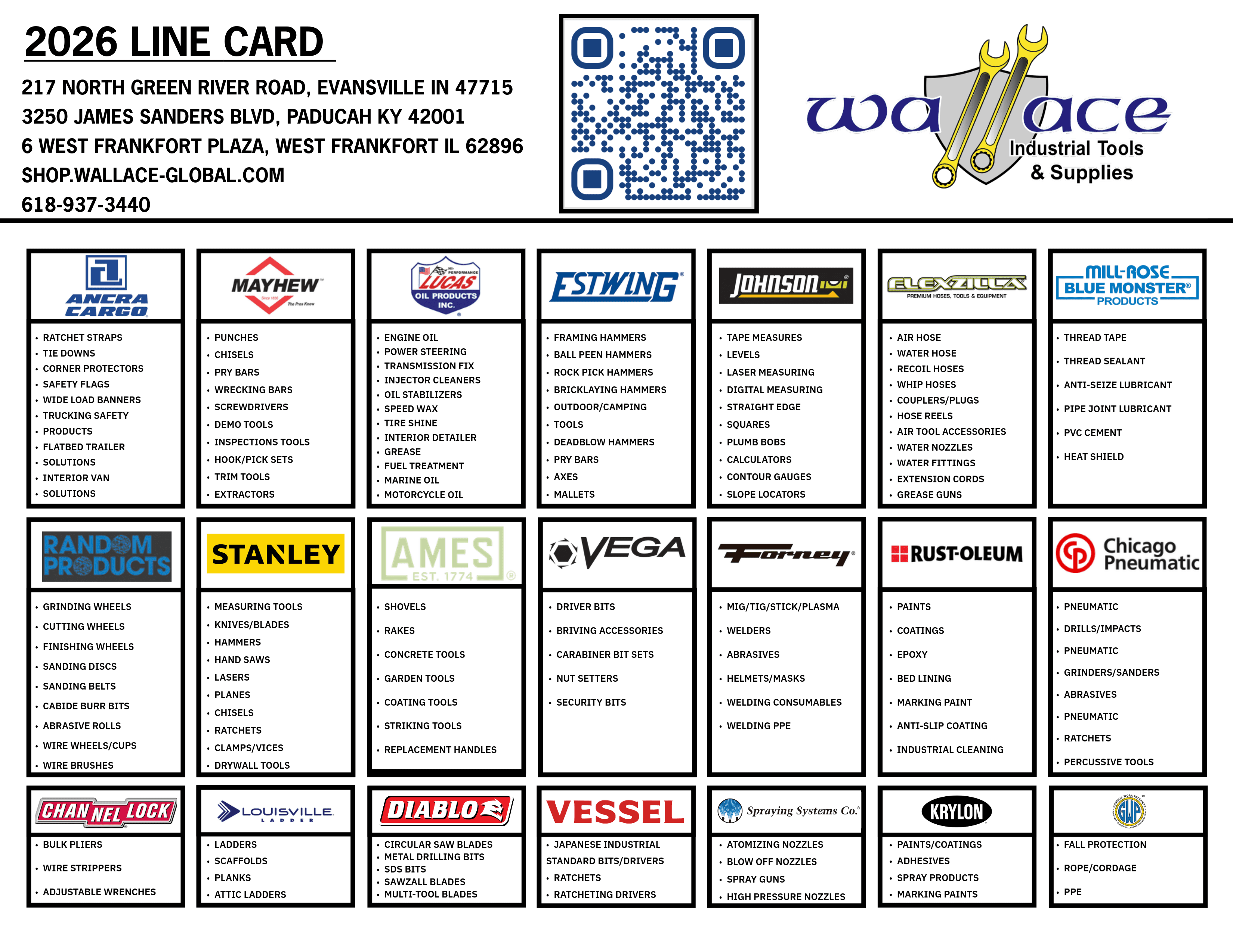 Wallace Industrial 2026 line card, page 2 — Ancra Cargo, Mayhew, Lucas Oil, Estwing, Johnson, Flexzilla, Mill-Rose Blue Monster, Random Products, Stanley, Ames, Vega, Forney, Rust-Oleum, Chicago Pneumatic, Channellock, Louisville Ladder, Diablo, Vessel, Spraying Systems, Krylon, and General Work Products lines